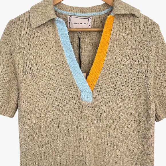 NWT Lingua Franca Miller Bouclé Knit Polo Shirt Sable Beige Size M Medium - Picture 2 of 9